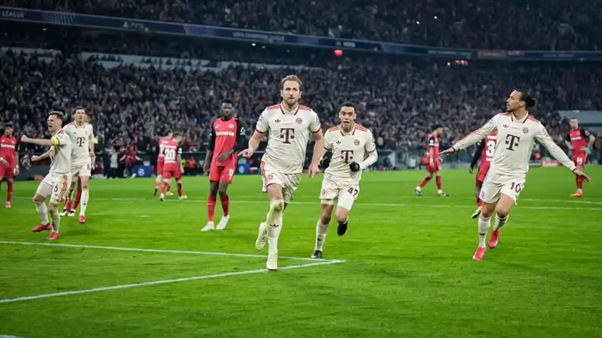 Selebrasi-Harry-Kane-bersama-rekan-setimnya-Bayern-Munchen-saat-cetak-gol-ke-gawang-Leverkusen