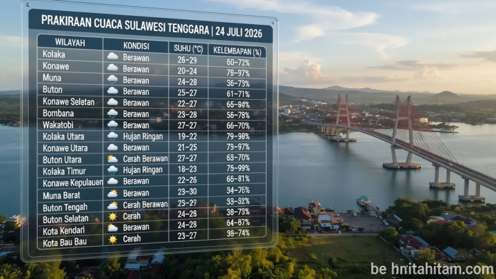 Prakiraan Cuaca Sulawesi Tenggara 24 Juli 2026, Cuaca Berawan, Ada Potensi Gerimis di Kolaka Utara